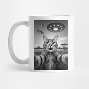 Selfie of Funny Cat And Aliens UFOs in African Savanna #2 Mug